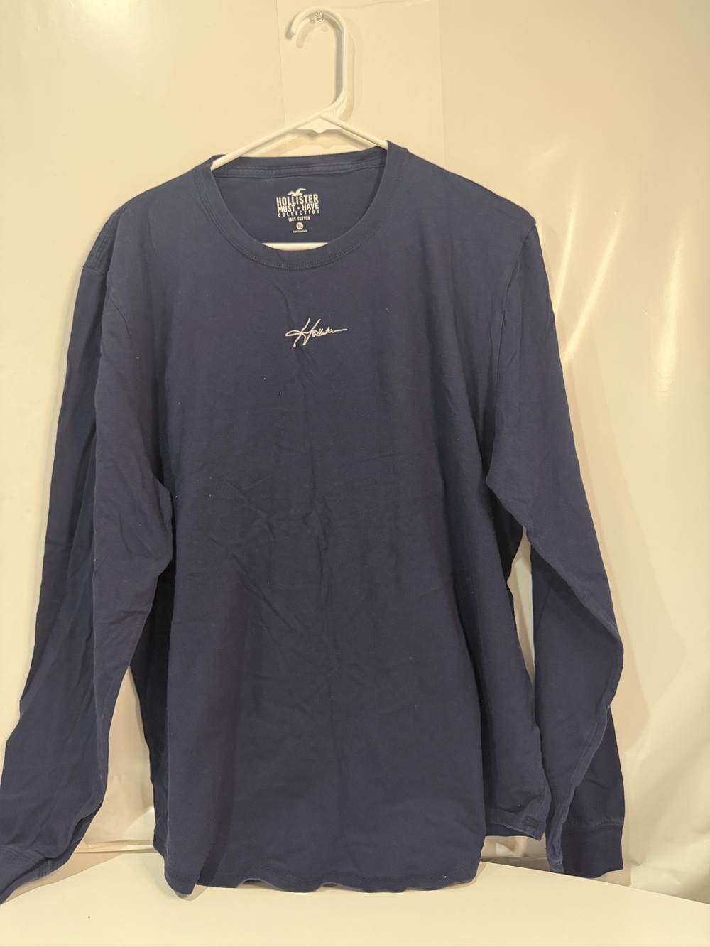 Hollister Men's Long-Sleeve Crew in Deep Blue with Script Logo